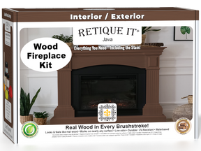 Retique It® Fireplace Wood'n Finish Kit in Java, a stain set for full fireplace restoration, shown in its box with stain bottles.