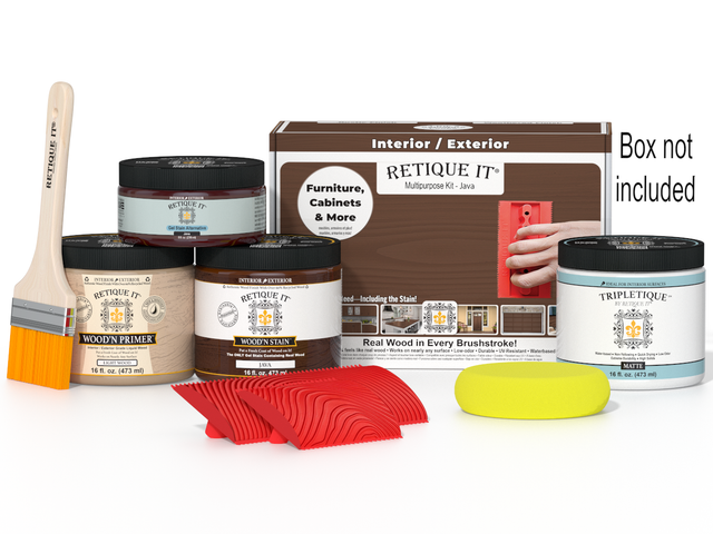 Retique It Wood'n Kit in Java finish, interior top coat for wood furniture, shown in a compact box with application tools.