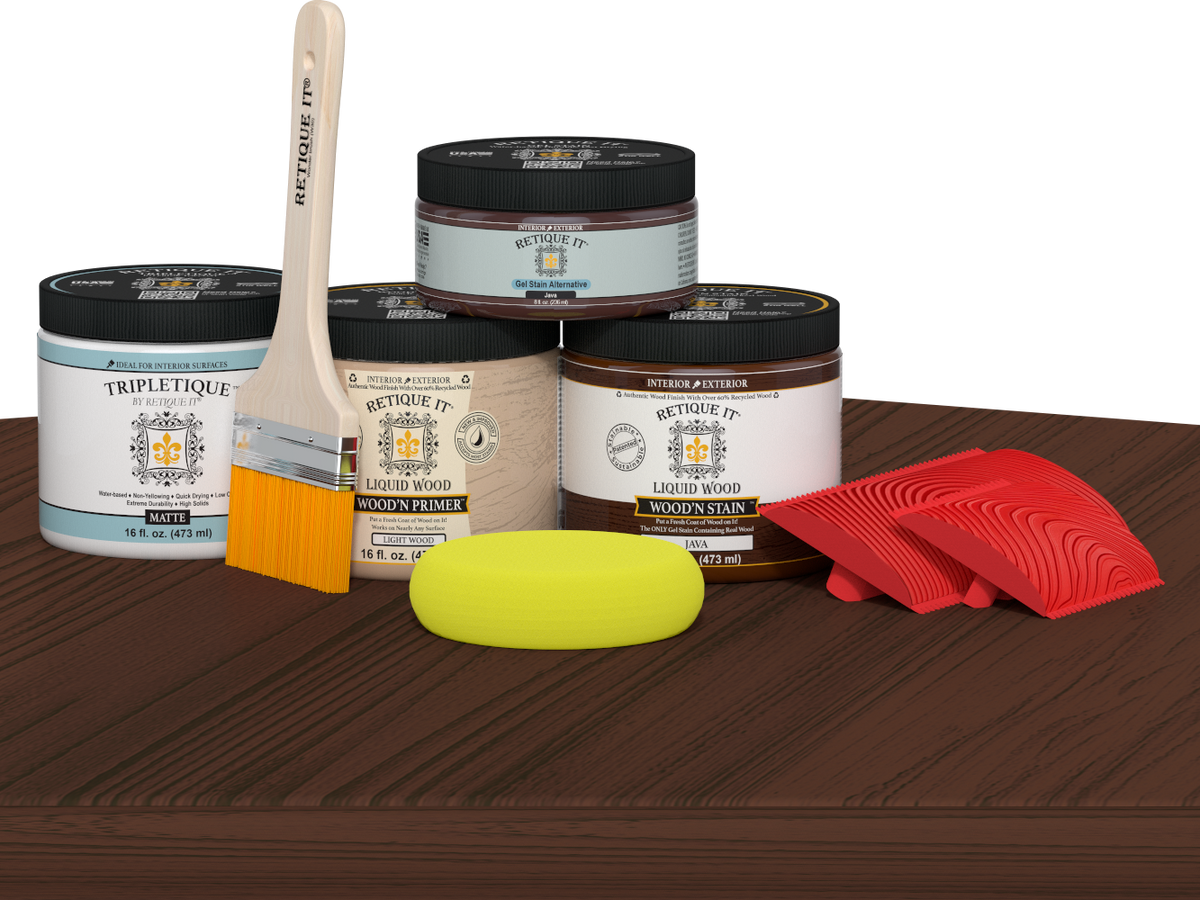 Retique It® Java countertop stain kit applied on a kitchen island with a natural wood finish.