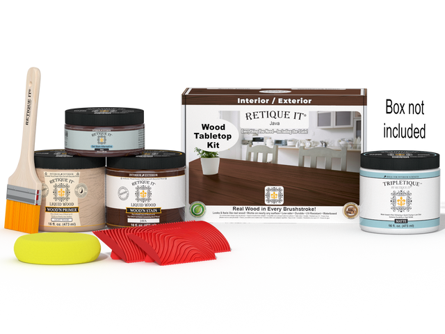 Retique It Wood'n Finish Kit in Java for tabletops, featuring stain bottles and application tools in a double-sized kit.