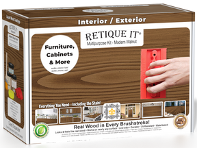 Retique It® Wood'n Kit in Modern Walnut, medium-sized multi-purpose wood finish kit with wood stain and finish in a box.