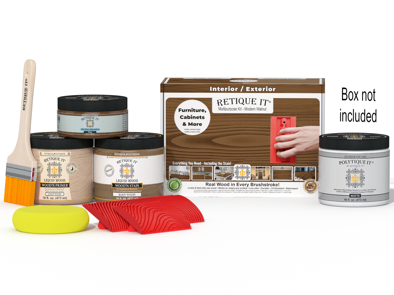 Retique It® Multi-purpose Wood'n Kit (Med) in Modern Walnut with exterior topcoat, includes finish and application tools.