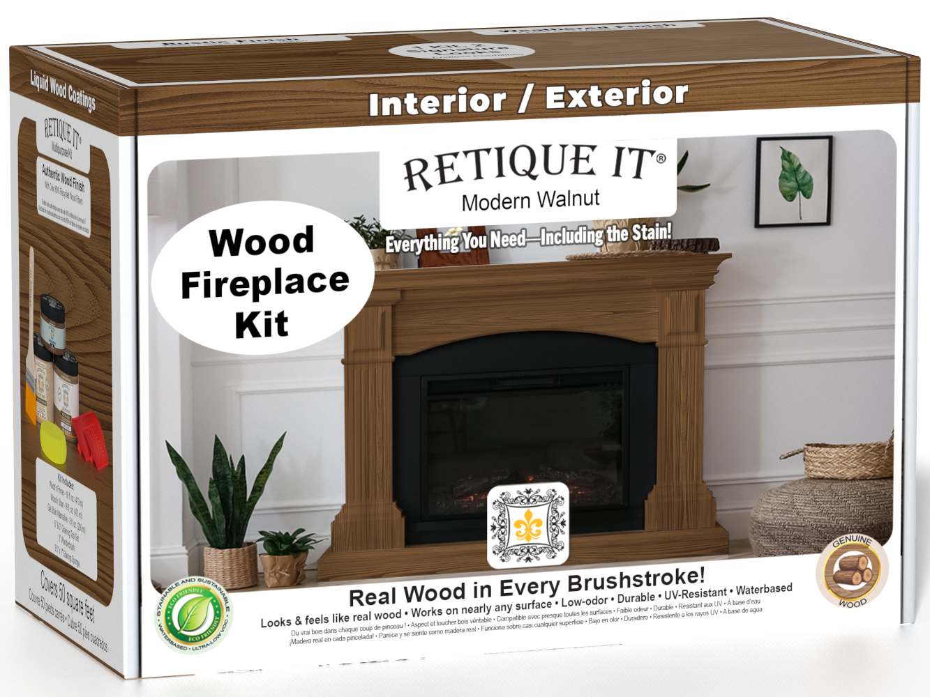 Retique It® Modern Walnut Wood Fireplace Kit packaging featuring a rich wood-look fireplace surround.
