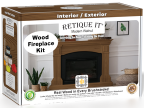 Retique It® Modern Walnut Wood Fireplace Kit packaging featuring a rich wood-look fireplace surround.