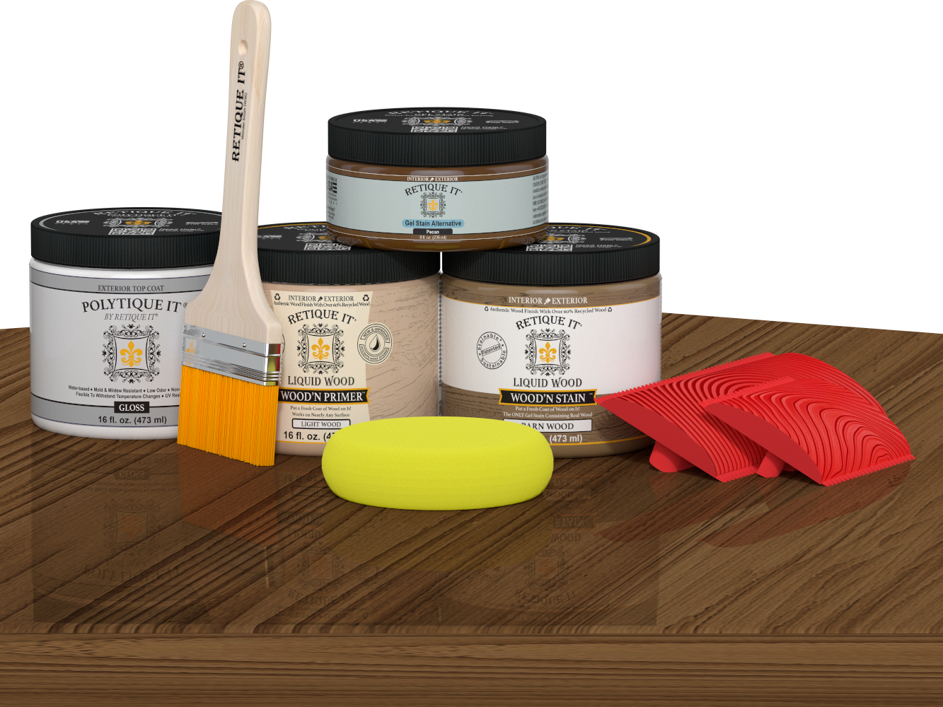 Retique It® Modern Walnut Wood Kit with primer, stains, gloss topcoat, brush, yellow sponge, and red graining tools.