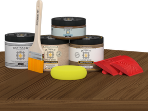 Retique It® Modern Walnut Wood Kit with primer, stains, matte topcoat, brush, yellow sponge, and red graining tools.