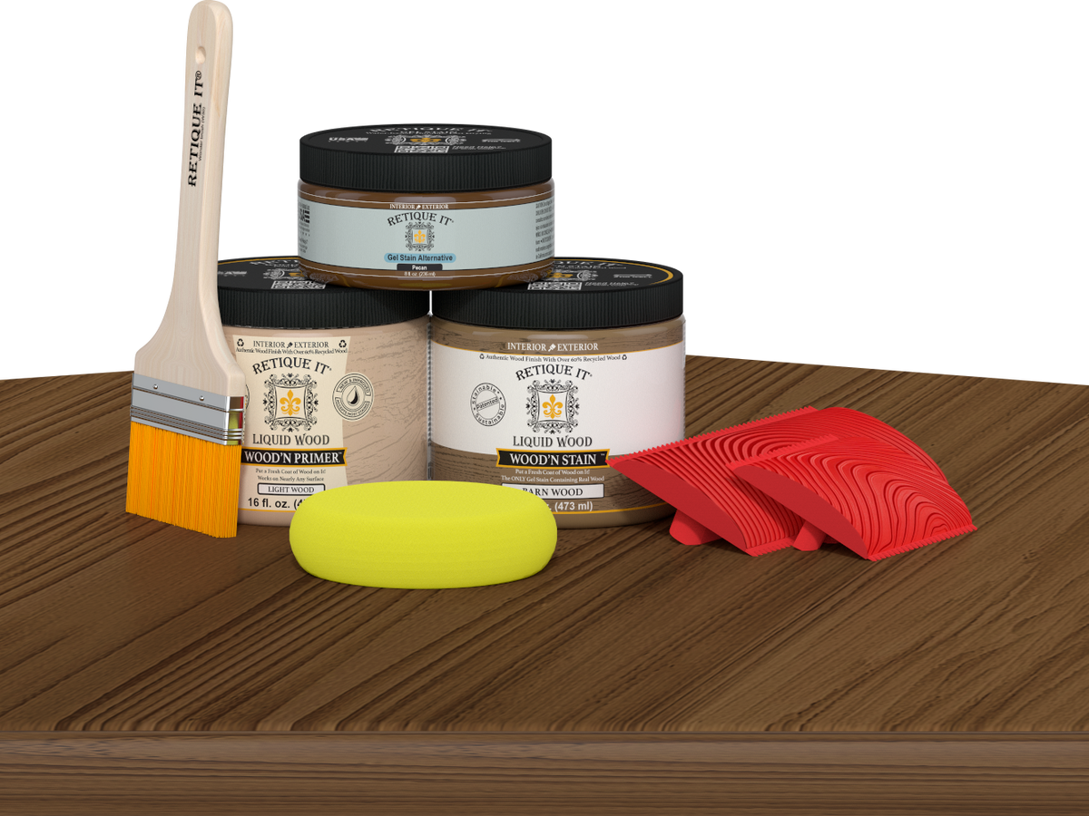 Retique It® Modern Walnut Wood Kit with primer, stains, brush, yellow sponge, and red graining tools.