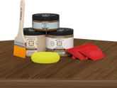 Retique It® Modern Walnut Wood Kit with primer, stains, brush, yellow sponge, and red graining tools.