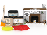 Retique It® Modern Walnut Wood Fireplace Kit with primer, stains, brush, yellow sponge, red graining tool set, and packaging.