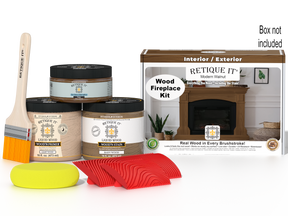 Retique It® Modern Walnut Wood Fireplace Kit with primer, stains, brush, yellow sponge, red graining tool set, and packaging.