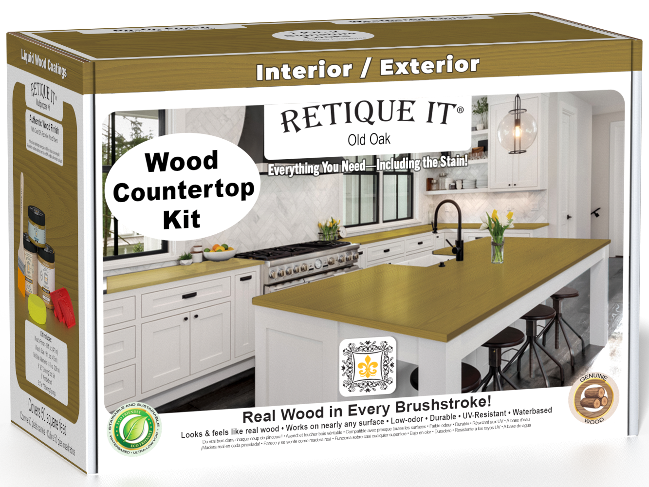 Retique It® Old Oak countertop kit for kitchen islands, featuring stain application on a natural wood surface.