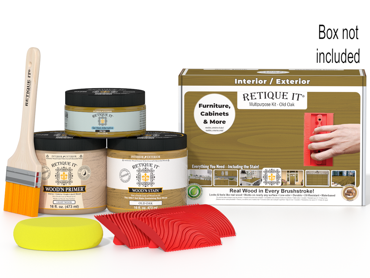 Retique It paint kit with paintbrush, containers, and packaging on a white background