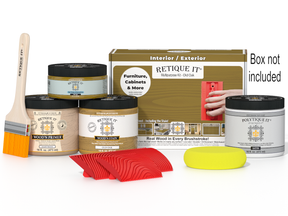 Retique It® Wood'n Kit in Old Oak for exterior wood finishing, featuring multi-purpose wood finish and top coat in a compact box.