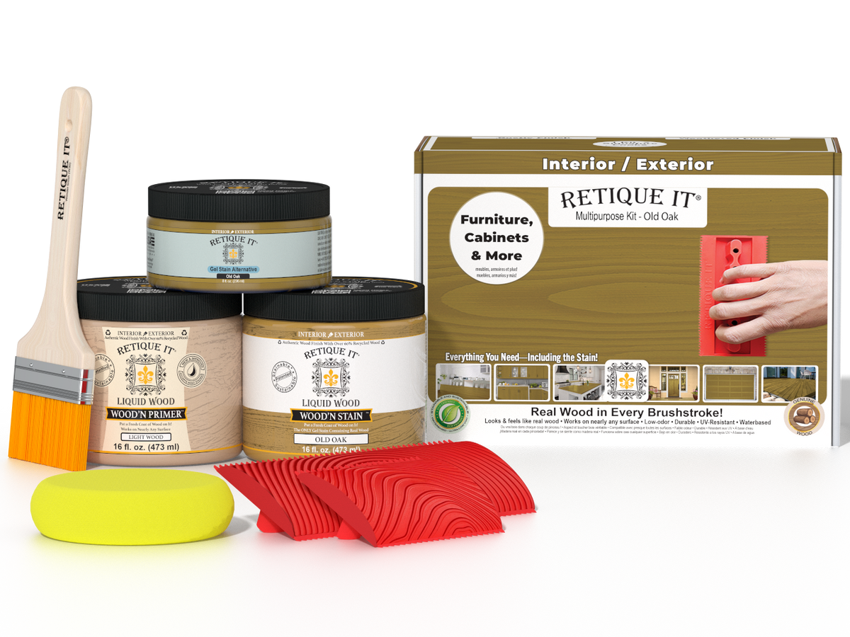 Retique It® Wood'n Finish Kit in Old Oak for multi-purpose wood finishing, featuring wood stain and sealant components.