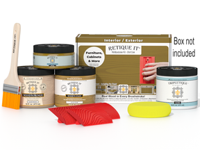 Retique It® Wood'n Finish Kit in Old Oak for interior wood projects, featuring the Multi-purpose Wood'n Kit with top coat in a box.