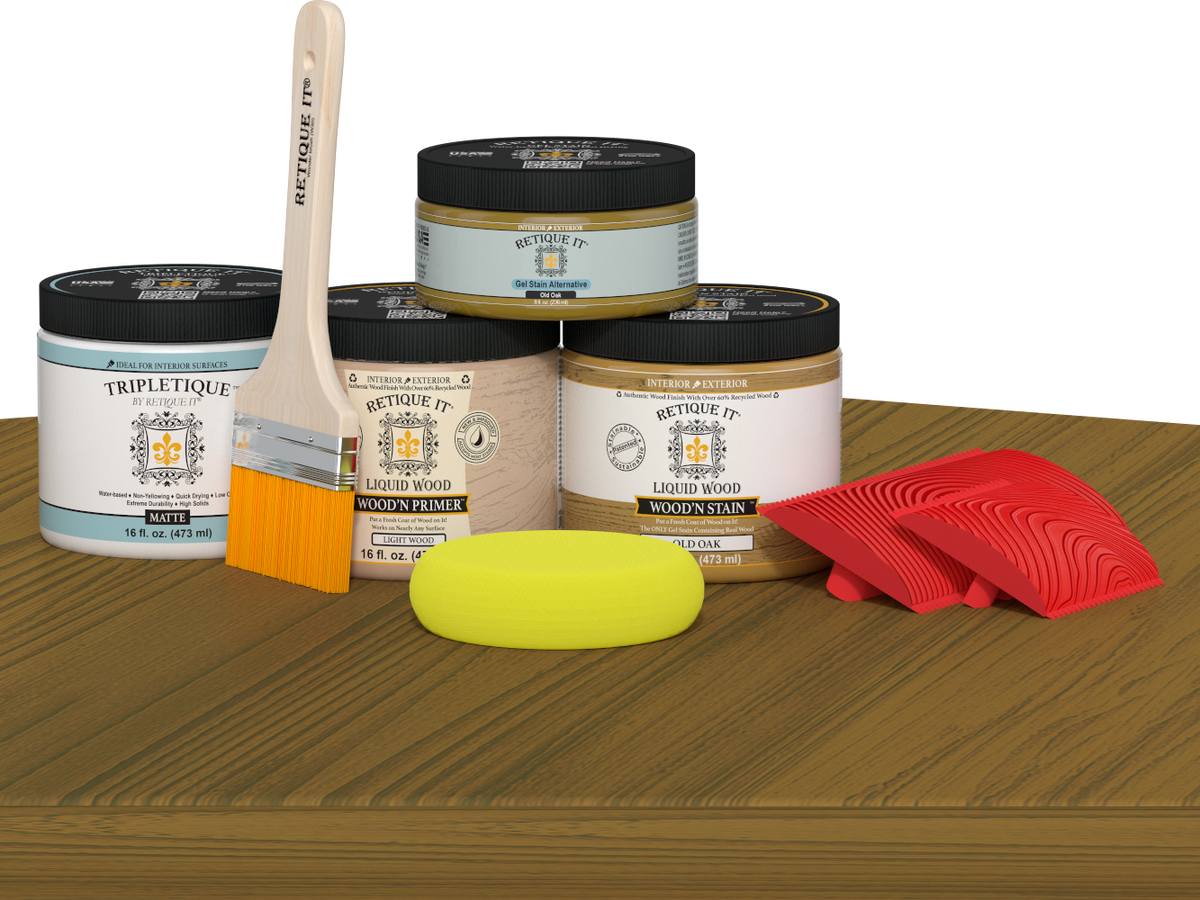 Retique It® Old Oak countertop kit with stain applied on a kitchen island, showcasing natural wood grain and finish.