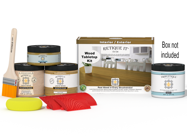 Retique It Wood'n Finish Kit in Old Oak for tabletops, featuring stain bottles and application tools in a double-size kit.