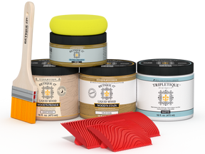Retique It® Old Oak stain kit for kitchen island countertop, featuring wood grain and stain application tools.
