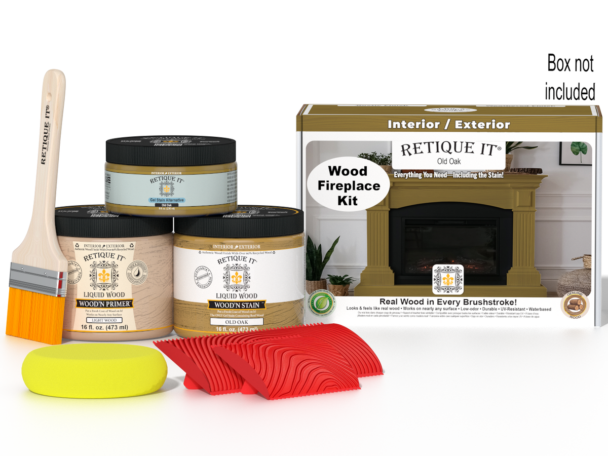 Retique It® Fireplace Wood'n Finish Kit in Old Oak stain, showing a full fireplace with wood finish and stain application.