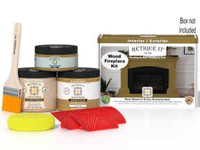 Retique It® Fireplace Wood'n Finish Kit in Old Oak stain, featuring wood stain bottles and application tools for full fireplace renovation.