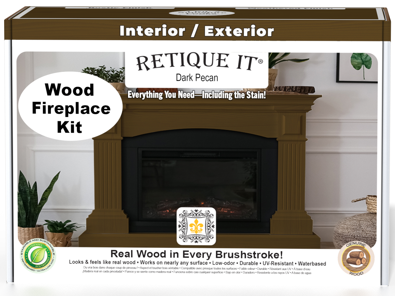 Retique It® Fireplace Wood'n Finish Kit in Dark Pecan stain, showing the full fireplace with wood finish and stain application.