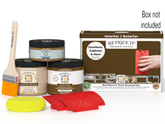 Retique It furniture painting kit with paint cans, brush, sponge, and packaging on a white background