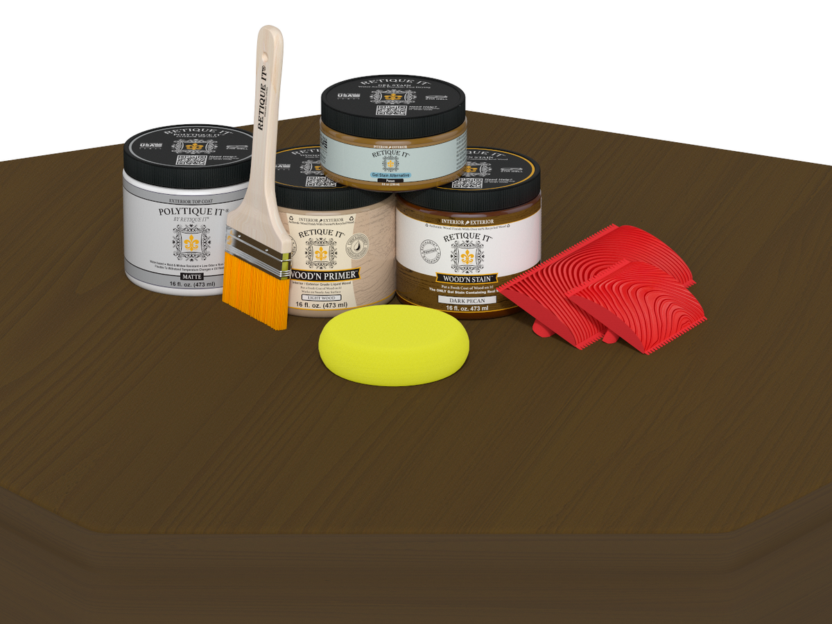 Collection of paint cans, a brush, a sponge, and red tools on a brown surface