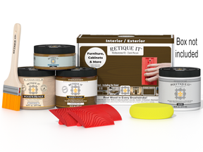 Retique It® Wood'n Kit in Dark Pecan featuring exterior top coat and finishing supplies for wood projects.