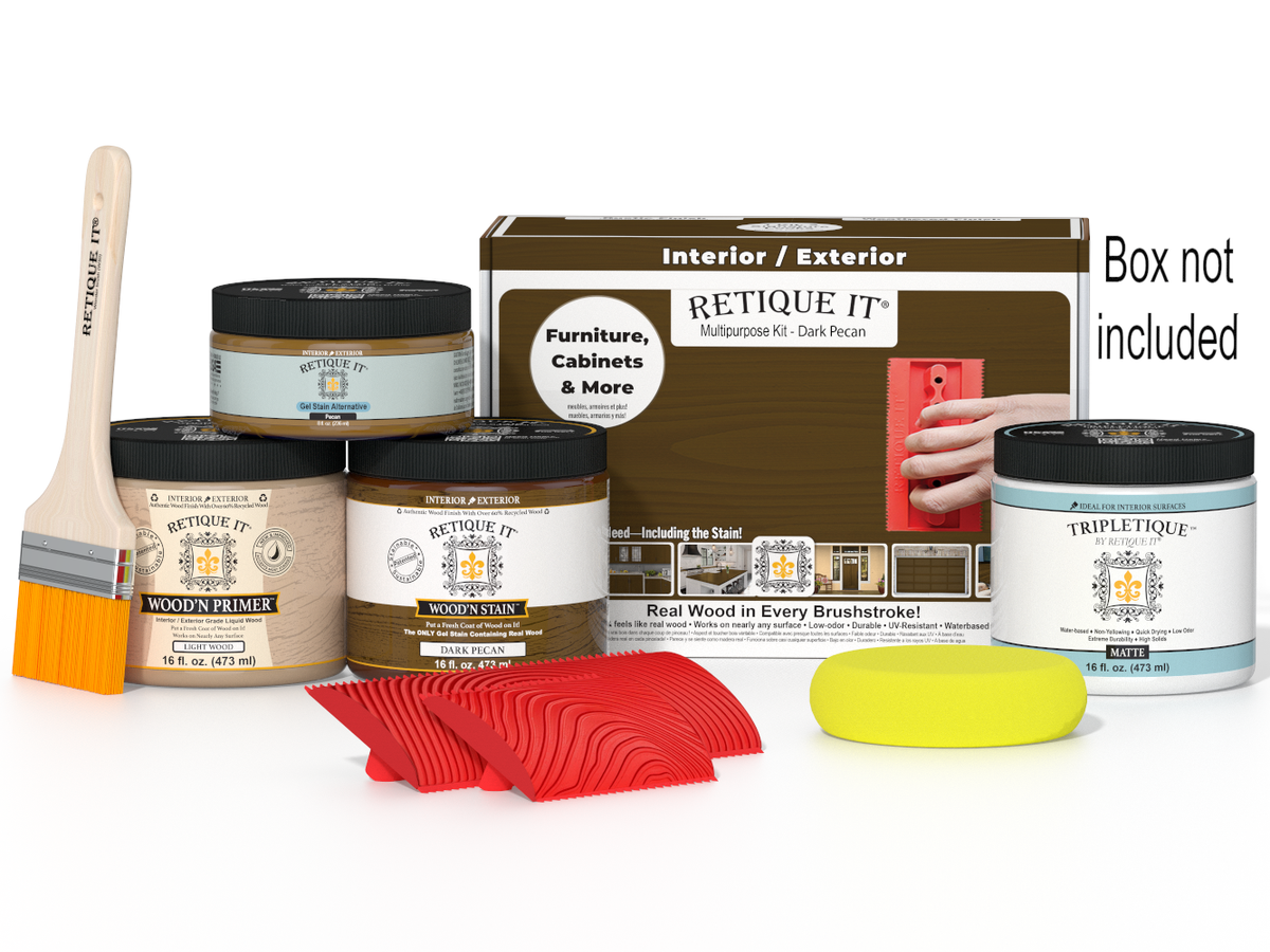 Painting supplies including paint cans, a brush, and packaging on a white background