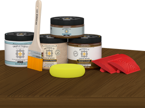 Retique It® dark pecan countertop stain kit applied to a kitchen island, showcasing rich wood finish and natural grain detail.