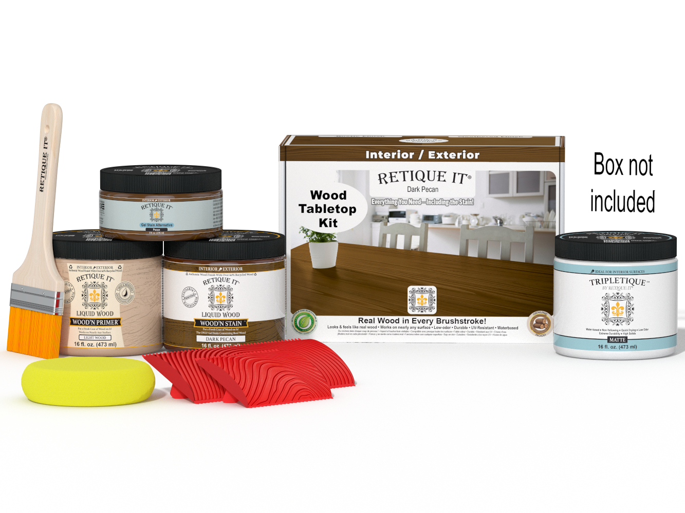 Retique It® Wood'n Finish Kit Double Size in Dark Pecan stain, showing a box and application tools for tabletop wood finishing.