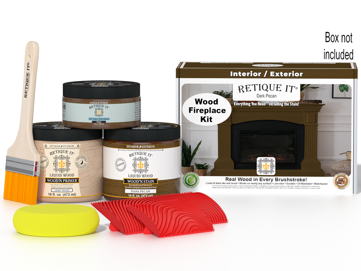 Dark Pecan stain kit for full fireplace by Retique It® with wood finish and application tools included.