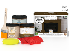 Retique It® Fireplace Wood'n Finish Kit in Dark Pecan stain, showing the full fireplace with wood finish and staining supplies.
