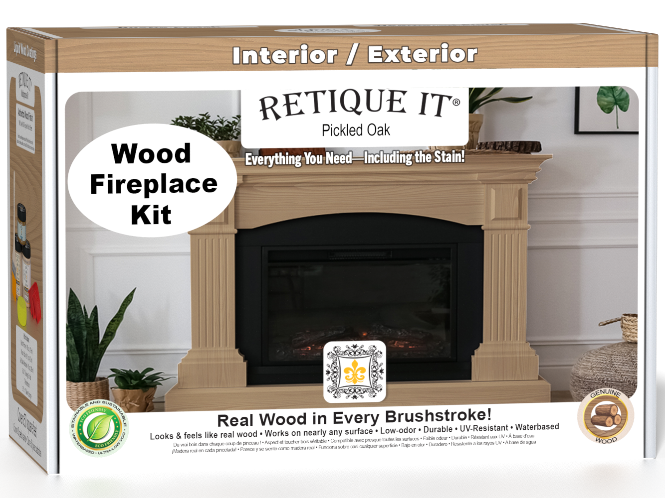 Retique It® Fireplace Wood'n Finish Kit in Pickled Oak stain, full fireplace stain set with wood finish for decorative fireplaces.