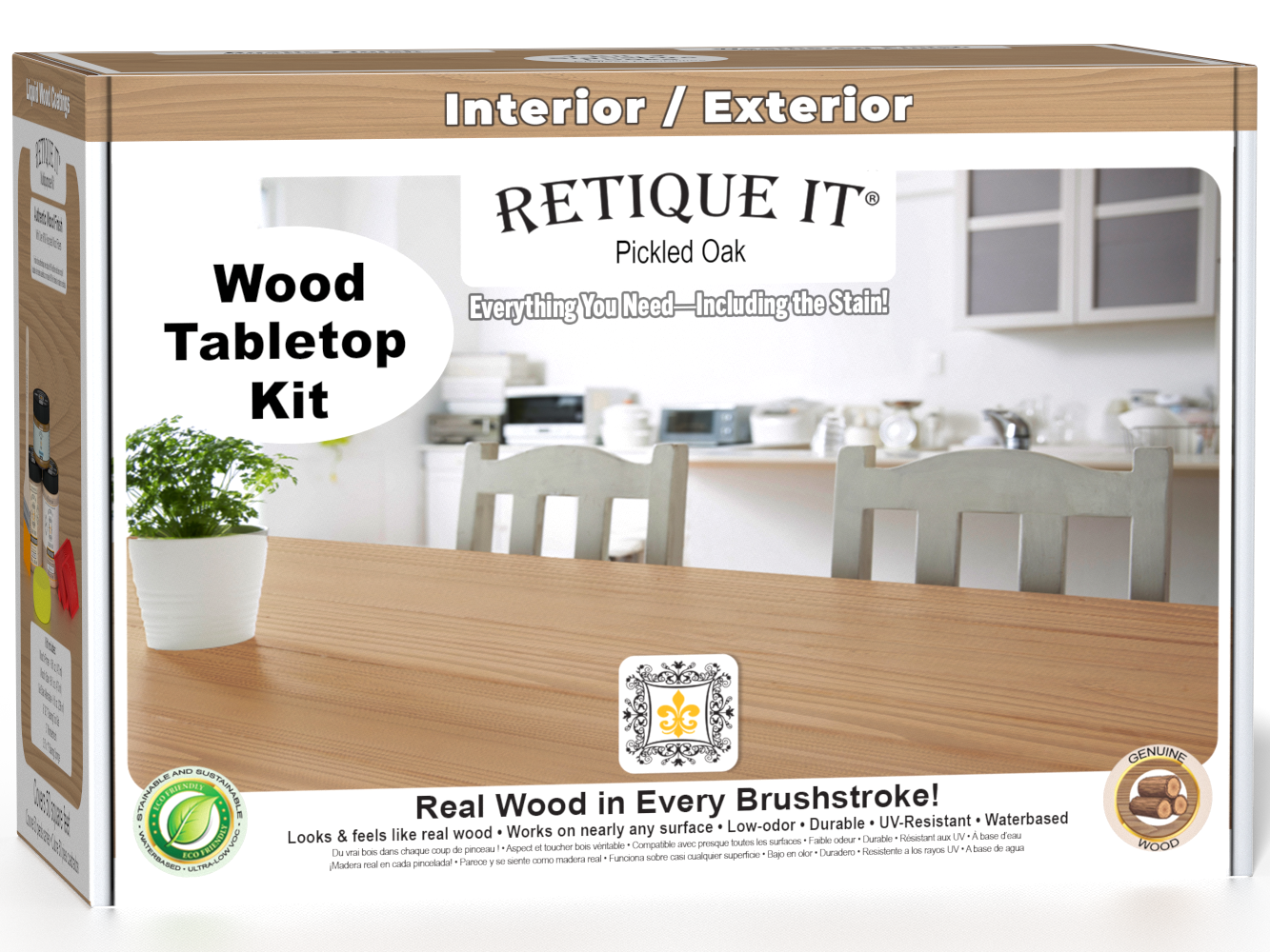 Double-sized Pickled Oak Wood'n Finish Kit by Retique It® with stains and accessories for tabletop refinishing.