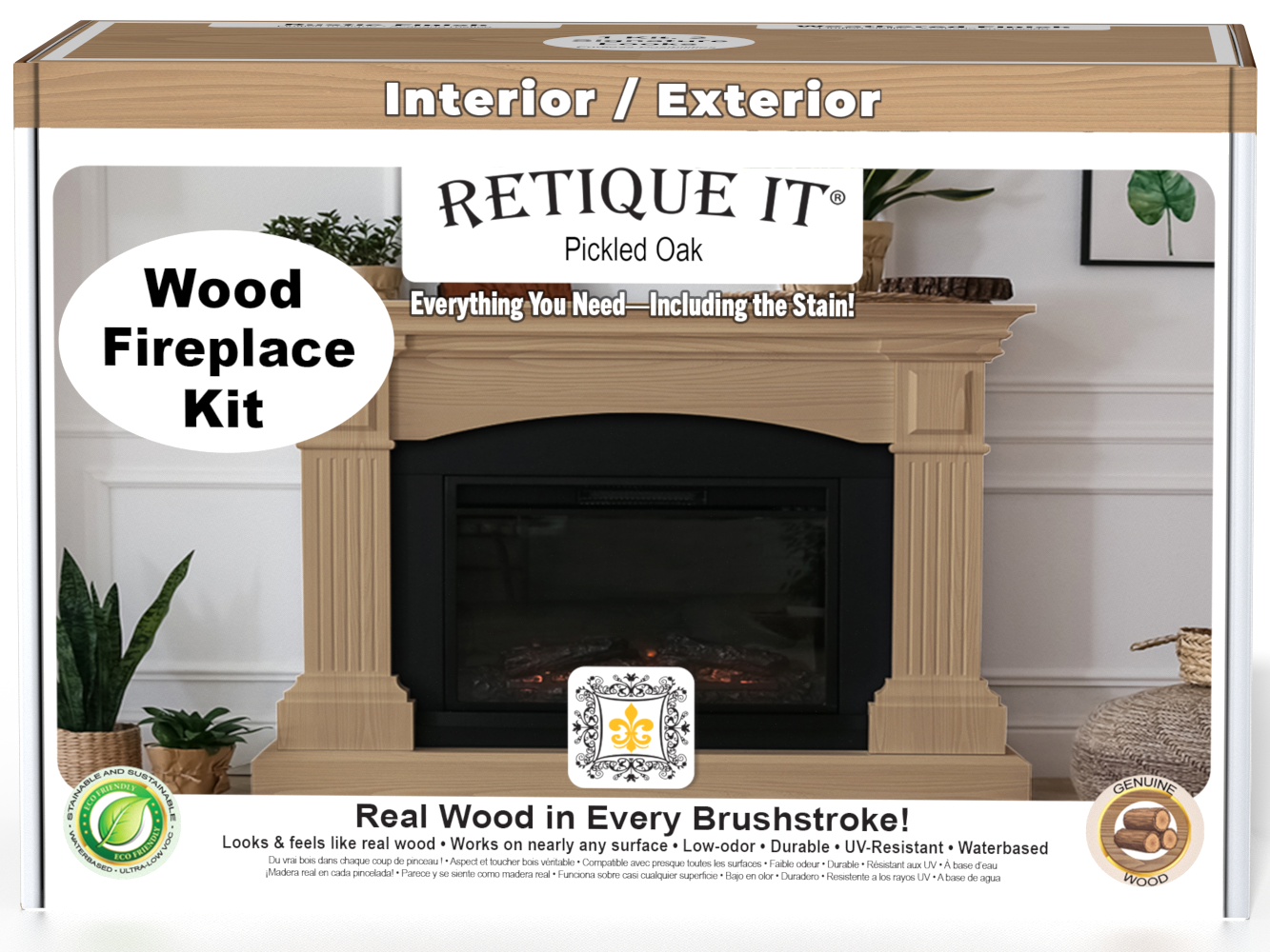 Retique It® Fireplace Wood'n Finish Kit in Pickled Oak stain, showing a full fireplace with wood finish application.