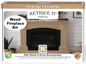 Retique It® Fireplace Wood'n Finish Kit in Pickled Oak stain, showing a full fireplace with wood finish application.