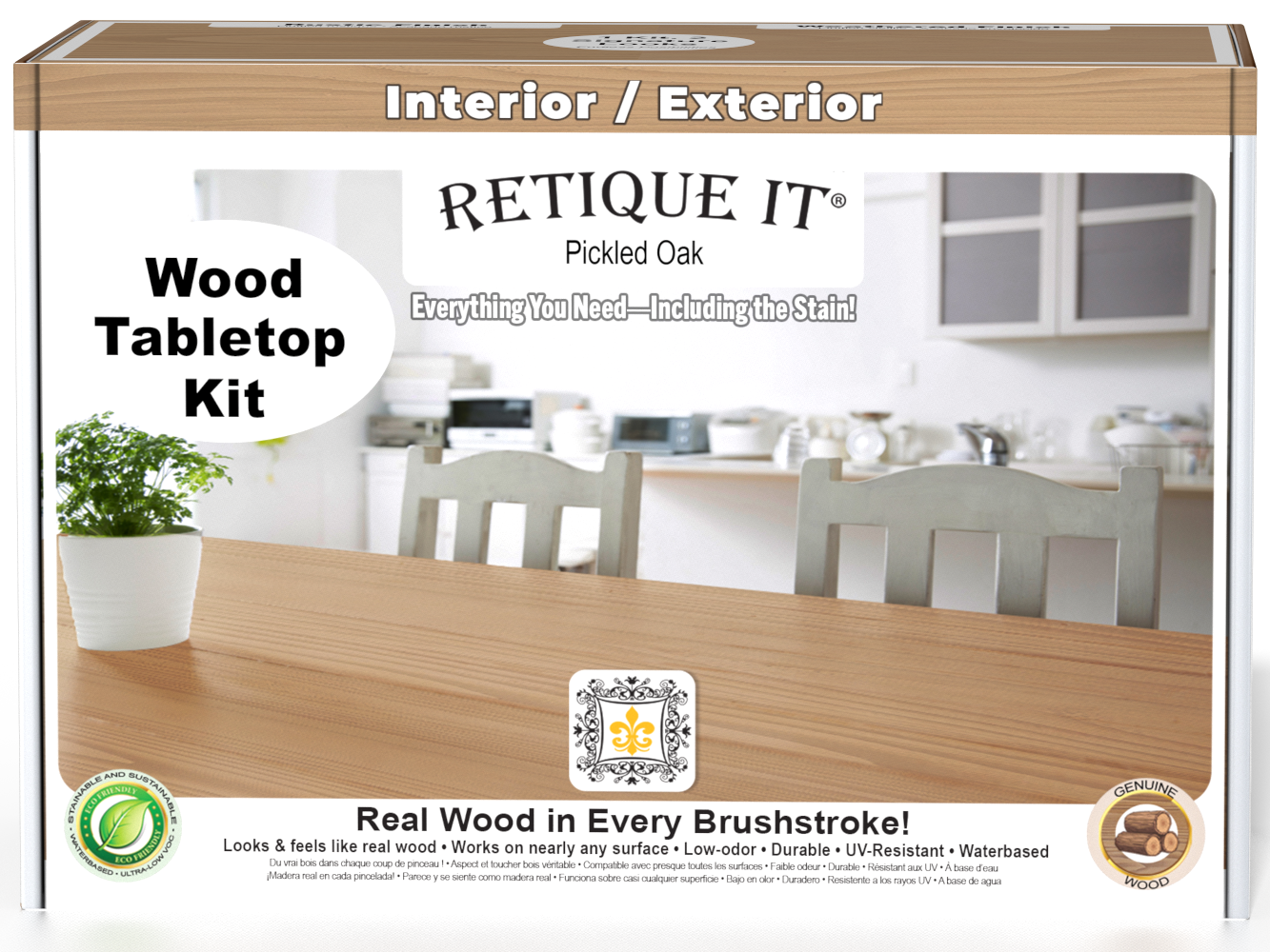 Retique It® Wood'n Finish Kit in Pickled Oak for tabletops, containing stains and finishing supplies in a double-sized box.