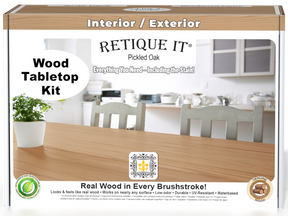 Retique It® Wood'n Finish Kit in Pickled Oak for tabletops, containing stains and finishing supplies in a double-sized box.