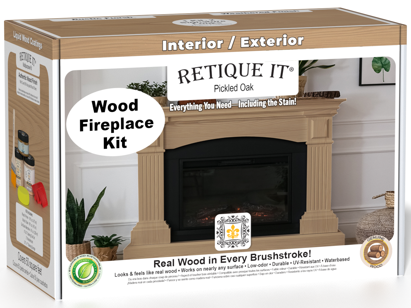 Retique It® Fireplace Wood'n Finish Kit in Pickled Oak stain with stain bottles and application tools for full fireplace finishing.