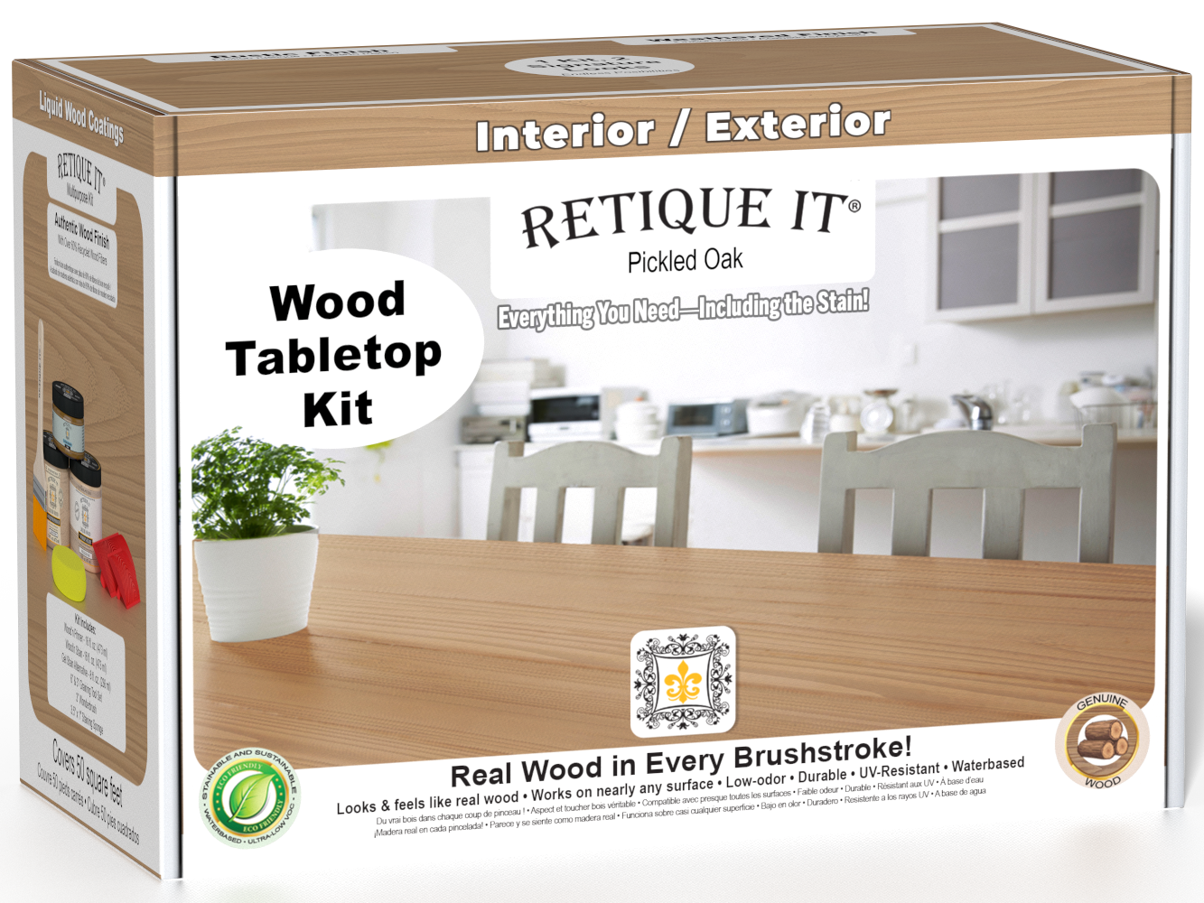 Retique It® Wood'n Finish Kit for tabletops in Pickled Oak stain, featuring wood stain and finishing supplies in a double size box.