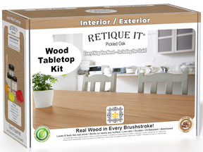 Retique It® Wood'n Finish Kit for tabletops in Pickled Oak stain, featuring wood stain and finishing supplies in a double size box.