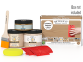 Retique It woodwork kit with paint cans, brush, sponges, and packaging on a white background