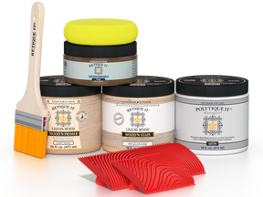 Retique It® Wood'n Finish Kit in Pickled Oak for exterior top coat, featuring satin wood finish and application tools.