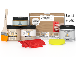 Retique It® Wood'n Kit in Pickled Oak for exterior wood finishing, includes top coat and application tools in a compact box.