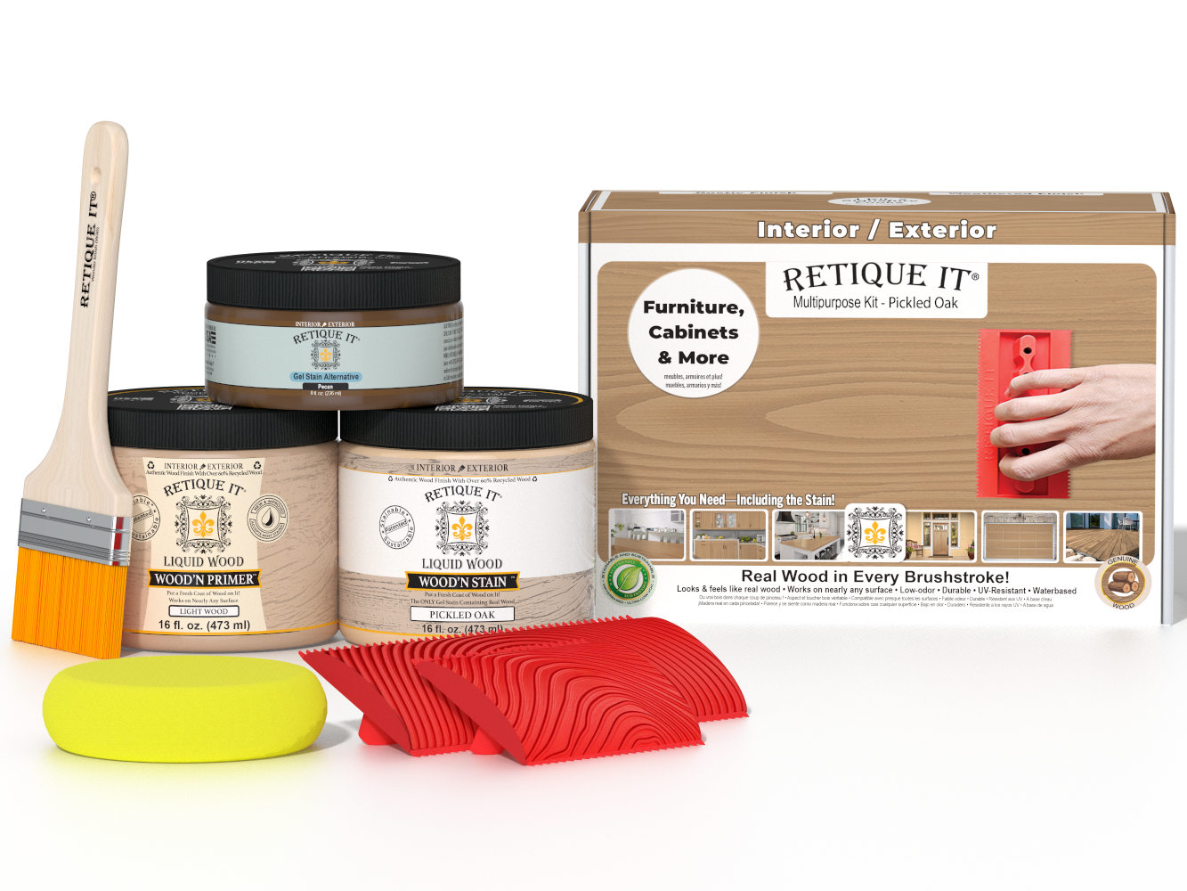 Retique It® Multi-purpose Wood'n Kit in Pickled Oak, medium finish with wood stain and finish products for furniture and crafts.