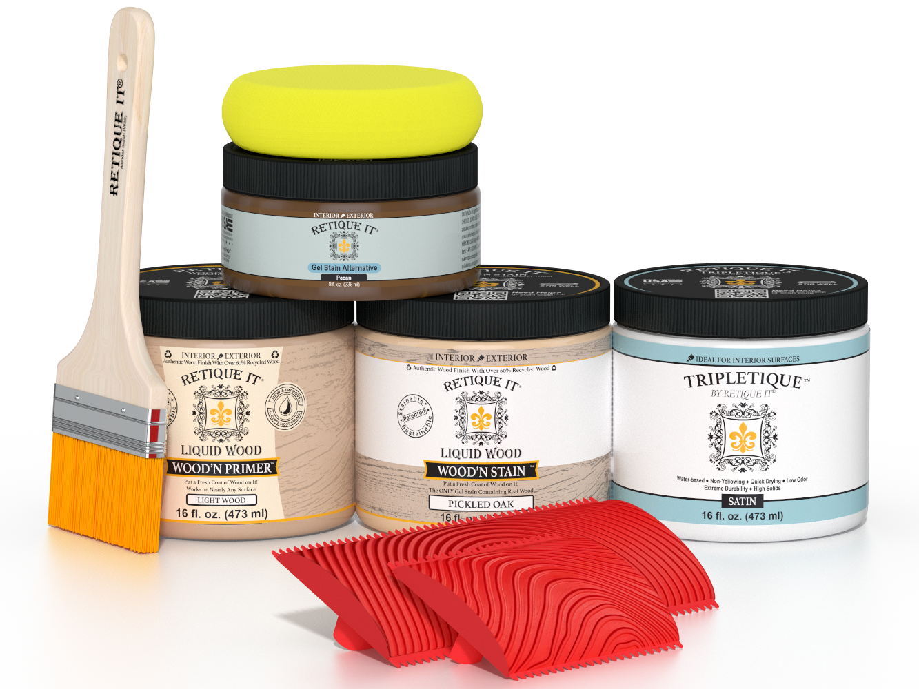 Retique It® Wood'n Finish Kit in Pickled Oak for interior top coat, showing the satin wood finish and application tools.