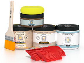 Retique It® Wood'n Finish Kit in Pickled Oak for interior top coat, showing the satin wood finish and application tools.