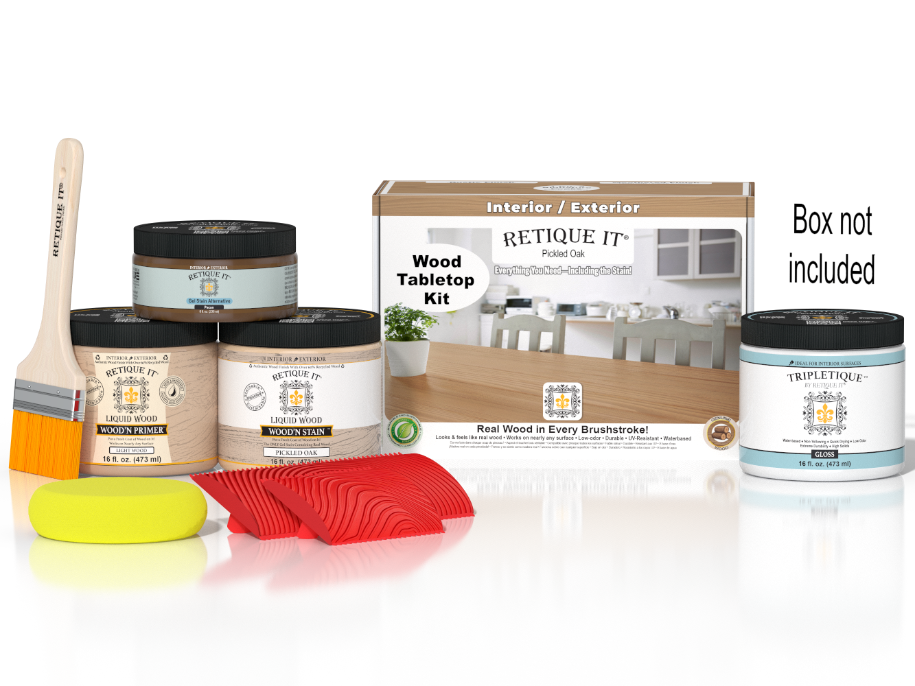 Retique It® Wood'n Finish Kit in Pickled Oak stain, includes stain and finishing supplies for tabletop refinishing.