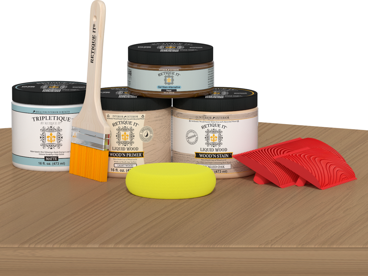 Retique It® Pickled Oak countertop kit for kitchen island with stain finish, displayed on a modern kitchen table.